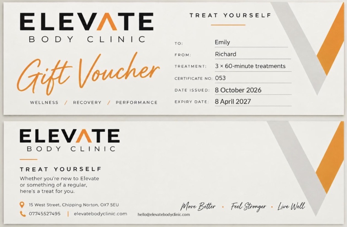 gift certificate for elevate body clinic in chipping norton, oxfordshire
